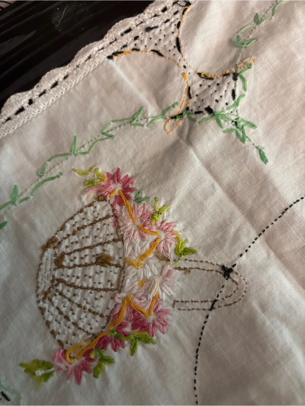 Vintage Embroidered Linen Table Runner - Cream with Pastel Floral Details